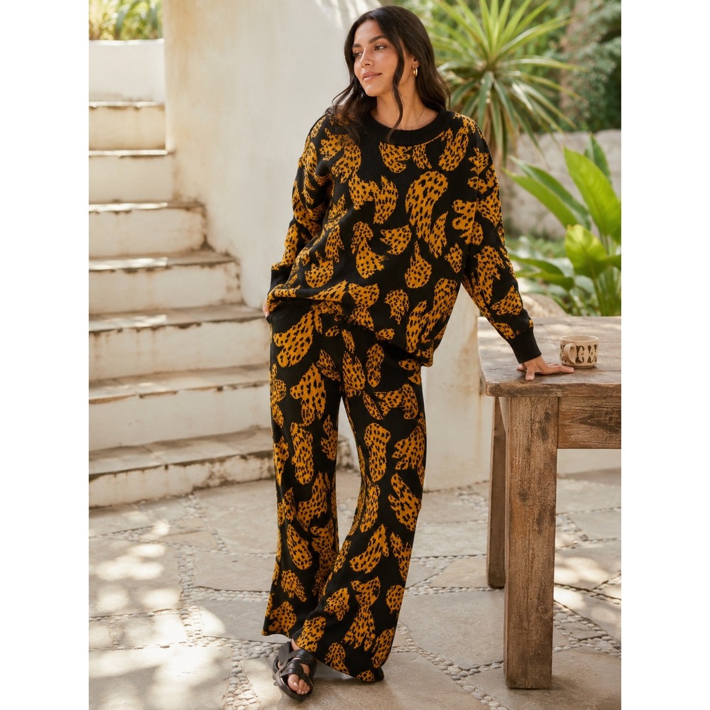 Farm Rio Bananica Set Yellow Black Banana Leopard Knit Sweater & Pants  S